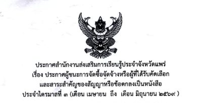 ประกาศสำนักงานส่งเสริมการเรียนรู้ประจำจังหวัดแพร่ เรื่อง ประกาศผู้ชนะการจัดซื้อจัดจ้างหรือผู้ที่ได้รับการคัดเลือกและสารสำคัญของสัญญาหรือข้อตกลงเป็นหนังสือประจำไตรมาสที่ 3 (เดื่อน เมษายน ถึง เดือน มิถุนายน 2569)